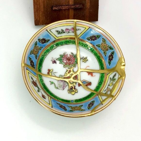 Kintsugi Bowl Chinese Vtg Jingdezhen Mini Gold Crack Japanese Art Growth Gift - Picture 3 of 11